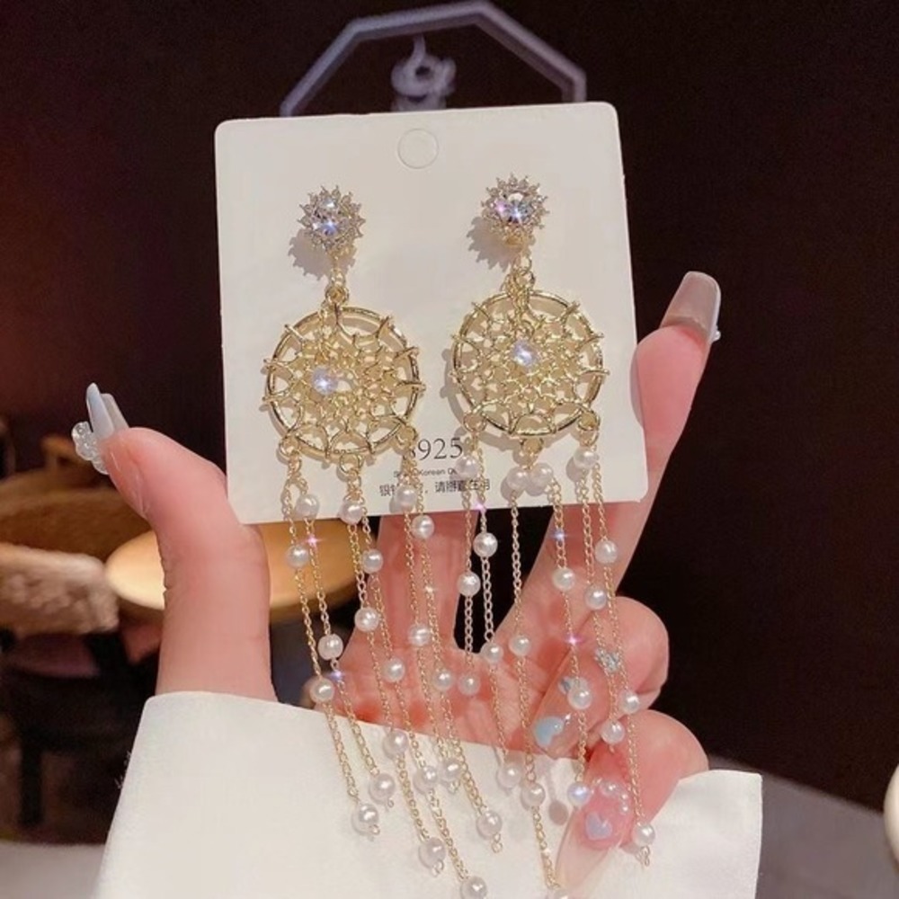 Dream Catcher Dangle Earrings‎ Pearl Tassel Gold Tone Crystal Sparkle